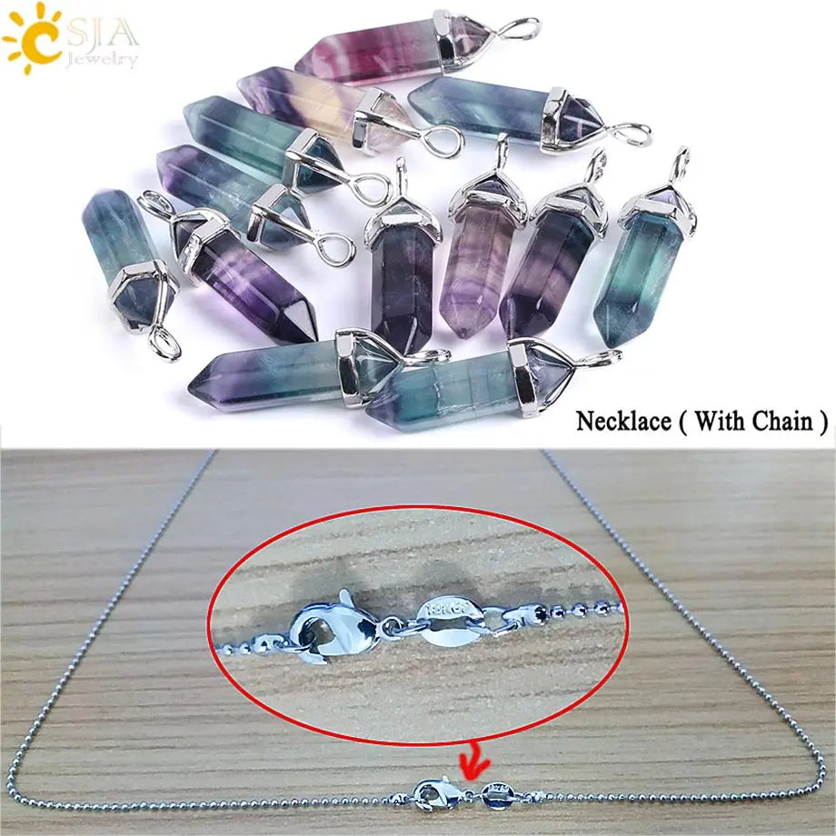 CSJA Fluorite Crystals Necklaces Pendants Suspension Quartz Natural Gem Stone Necklace for Women Hexagonal Reiki Healing G954