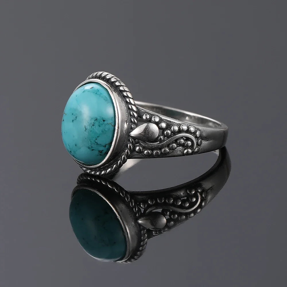 S925 Silver Oval Natural Turquoise Rings for Men Women Silver Fine Jewelry