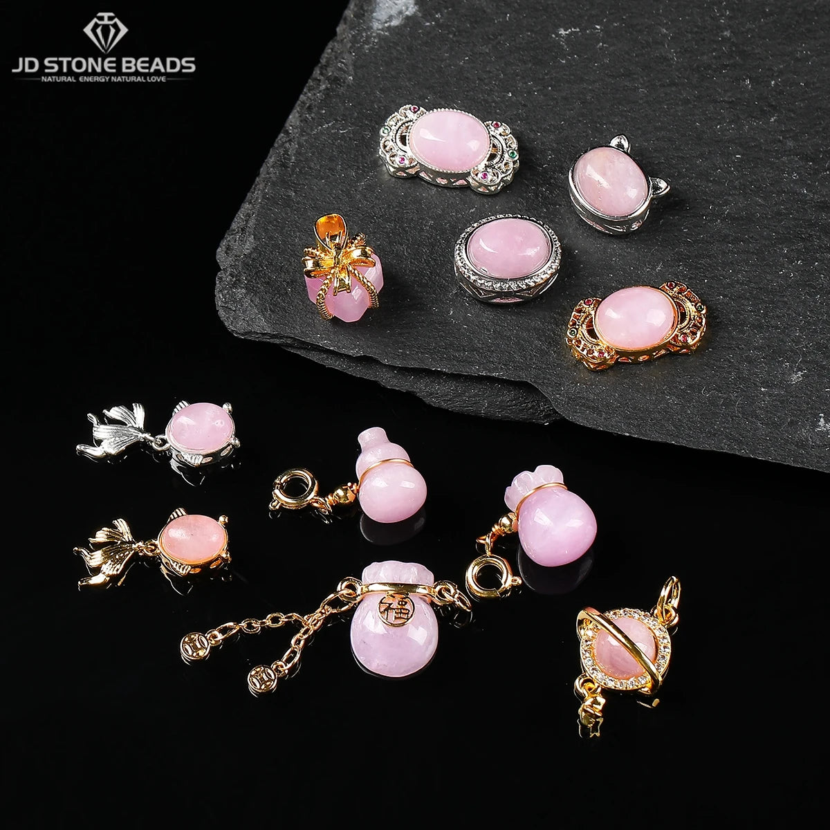 1 Pc Natural Stone Kunzite Bead Carved Cute Lucky Charm Pendants For Jewelry Making DIY Bracelet Necklace Accessories