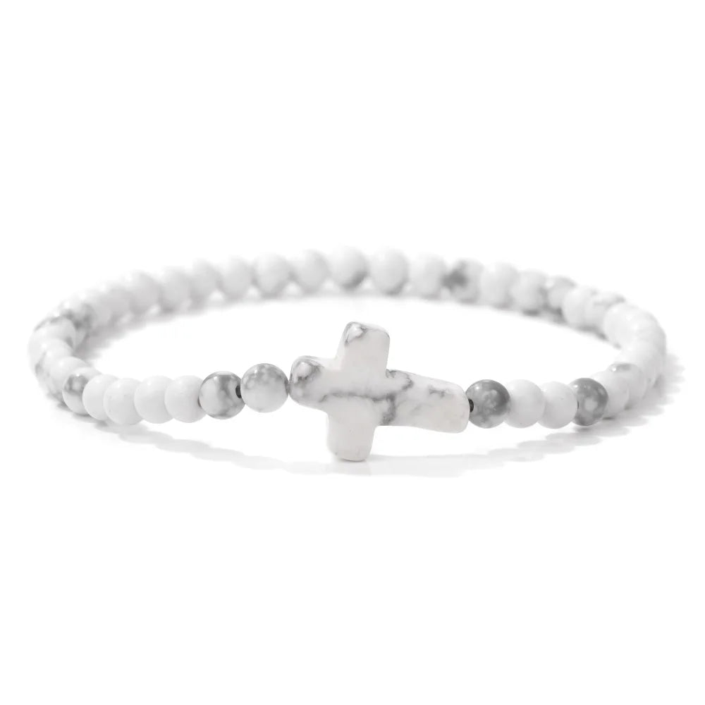 Trendy 4mm Beads Bracelet Stone Cross Charms Bracelet For Women Natural Gems Crystal Bangles Handmade Jewelry Men Yoga Prayer