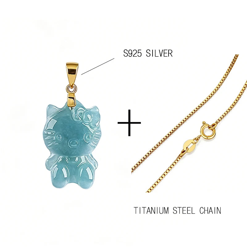 Natural Blue Water Jade Kitty Cat Pendant S925 Silver Clasp Hand Carved Cute Girl Accessory Birthday Gift