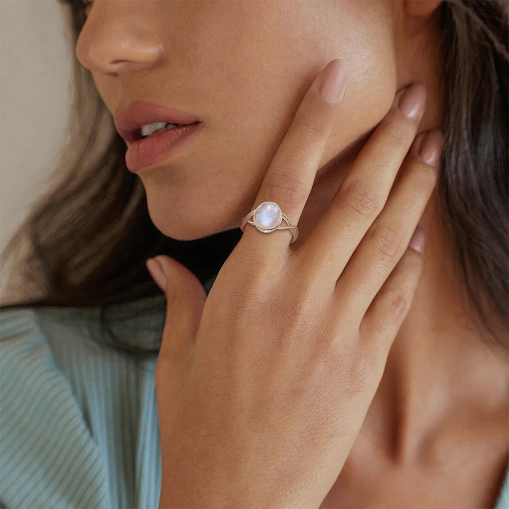 S925 Sterling Silver Moonstone Rings Simple Summer Rings Natural Stone With Blue Light Party Gifts Fine Jewelry Rings For Women