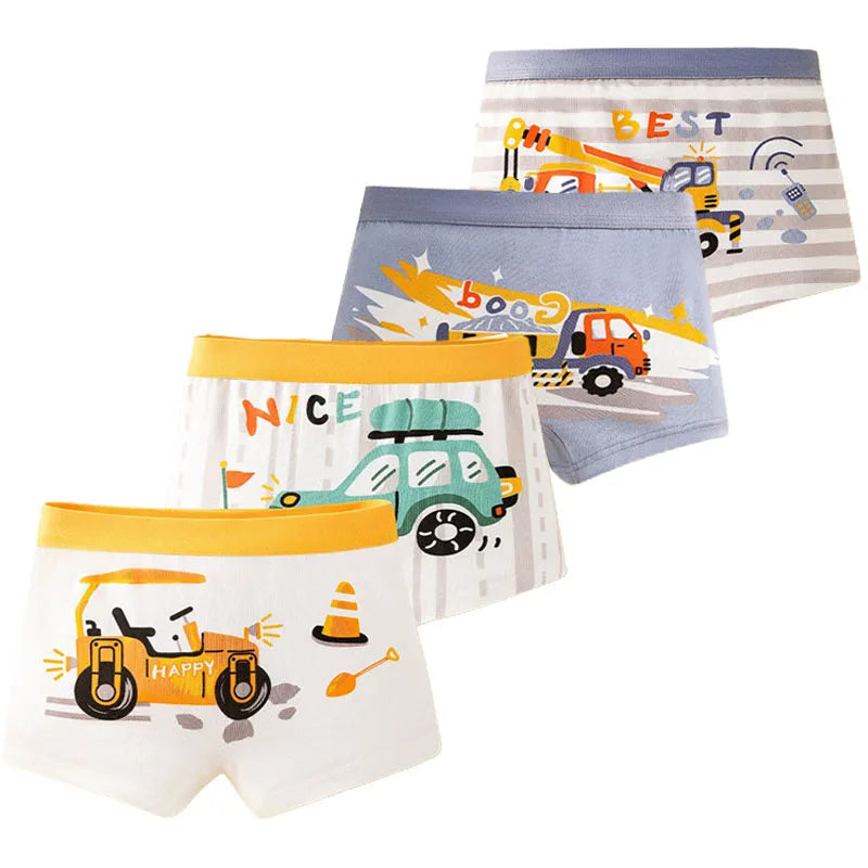 4-Pack Boy Boxer Brief High Quality Cotton Breathable Children Boxers Dinosaur Plaid Car Patterns Kids Underwear Age 3-14Years
