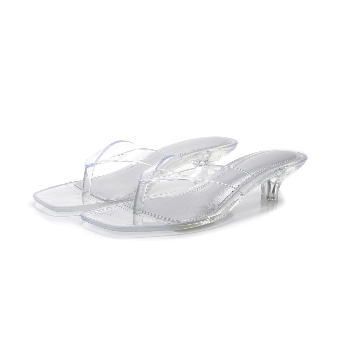Summer Women Jelly Thong Flip Flops Square Toe Kitten Heel Slide Sandals Transparent TPU Beach Slippers