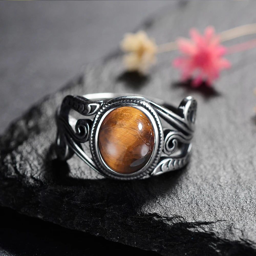 Natural 8x10MM Tiger's Eye Rings Vintage S925 Silver Finger Ring for Women Gift Luxury Rhodochrosite Stone Jewelry
