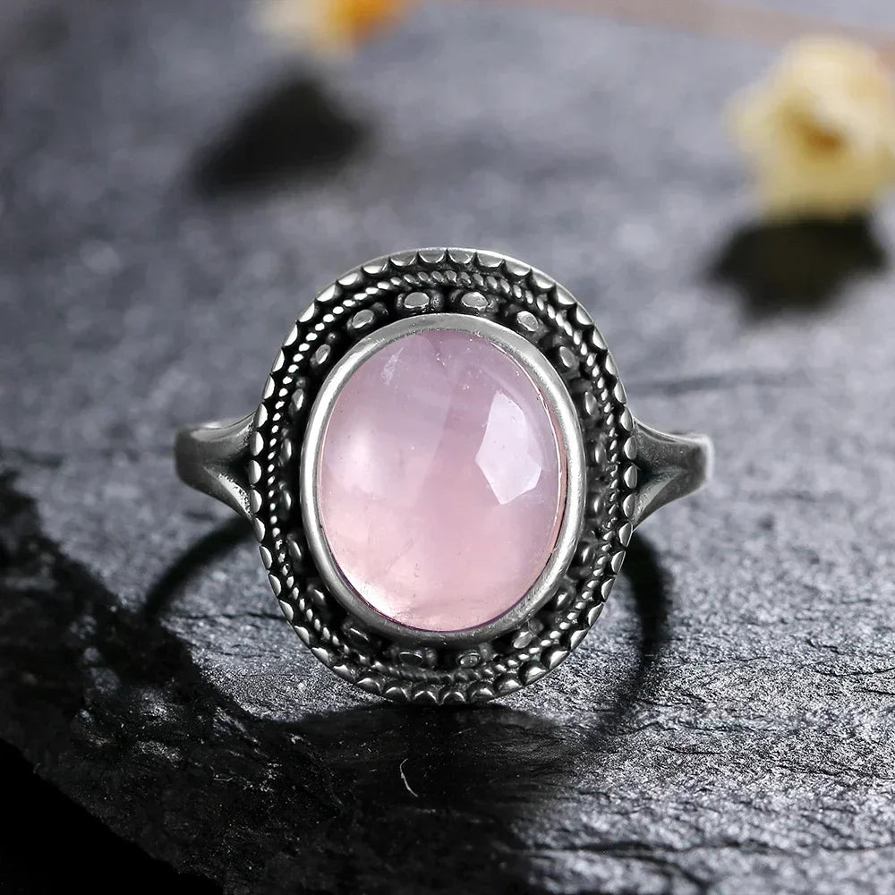S925 Sterling SilverRing for Women Oval Round Natural Rose Quartz Ring Gift Sun Shaped Retro Luxury Fashion Fine Jewelry