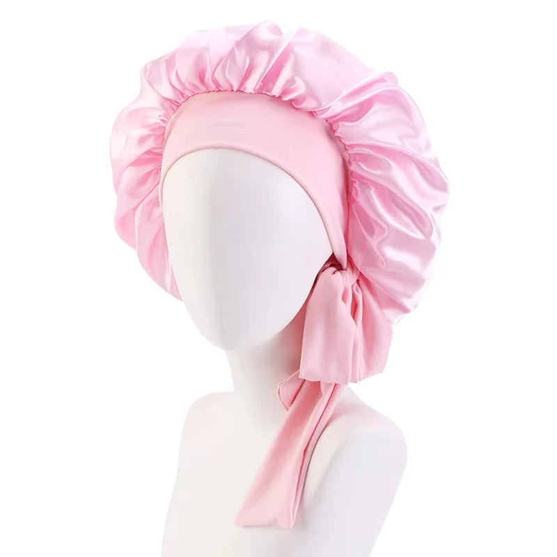 New Satin Sleeping Cap For Women Solid Wide Band Stretch Head Tie Silky Bonnet Edge Wrap Nightcap Hair Care Shower Head Cover