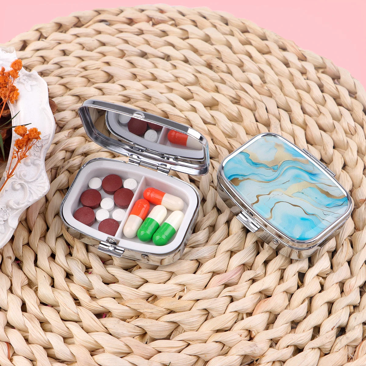 Stained Glass Metal Medicine Box Marbling Pill Packaging Health Products Moisture Resistant Storage Case Personalized Casket
