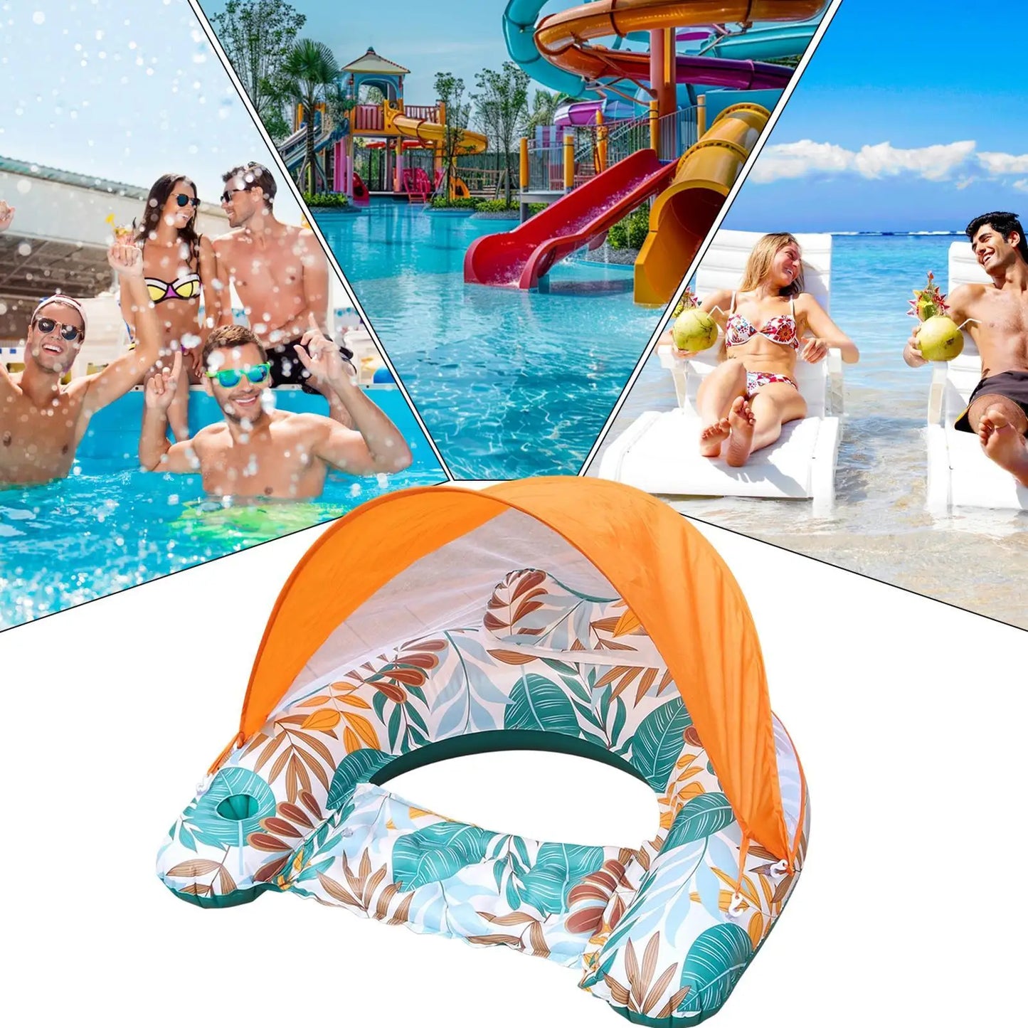 Pool Float with Canopy Blow Up Floating Chair Lounge Swimming Pool Float with Ergonomic Headrest for Summer Beach Vacation