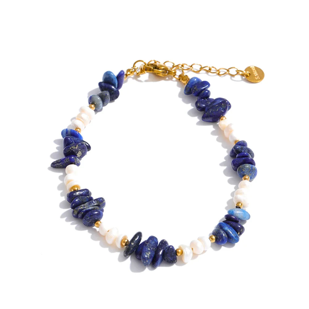 Yhpup Natural Stone Freshwater Pearl Beads Chain Handmade Bracelet Bangle Waterproof Stainless Steel Basic Wrist Summer Jewelry