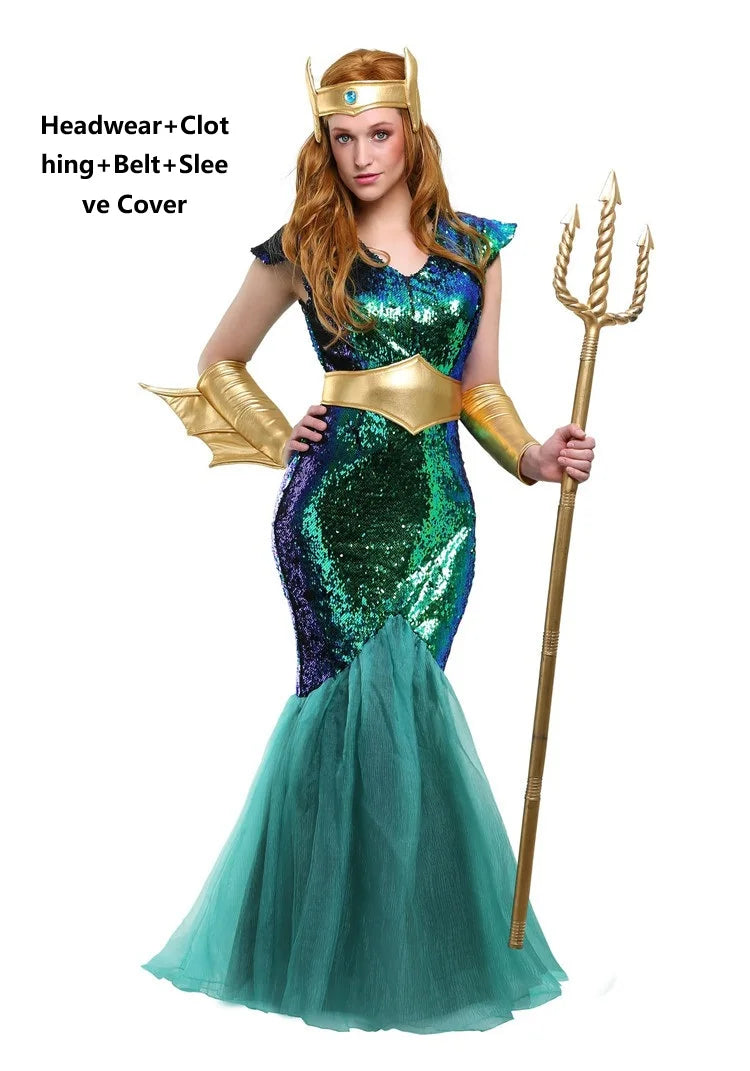 Men Women Couple Sea King Mermaid Cosplay Full Set, Ocean God Queen Costume With Trident For Halloween Carnival Stage Party