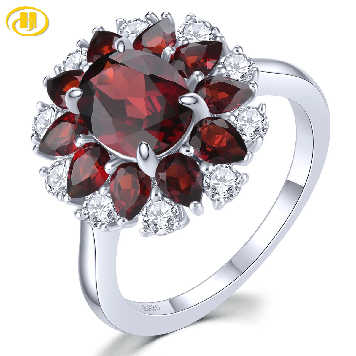 Natural Red Garnet Solid Sterling Silver Rings 4.2 Carats Genuine Birthstone Classic Romantic Fine Jewelry Design S925 Gifts