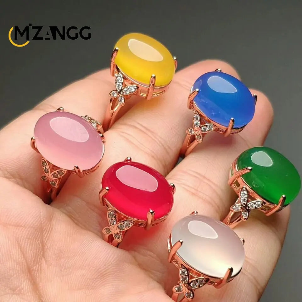 S925 Silver Inlaid Agate Ring Opening Adjustable Natural Green Chalcedony Hand-carved Ring Fashion Boutique Jewelry Women Ring