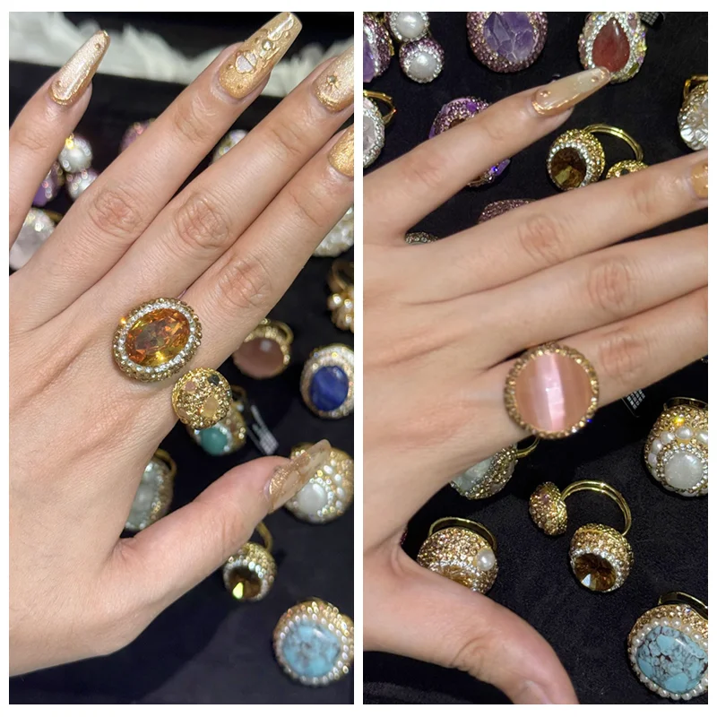 Natural Amethyst Freshwater Pearl Finger Rings Handmade Rhinestone Quartz Sudan Stone Jewelry for Women Mix Design Gemstone
