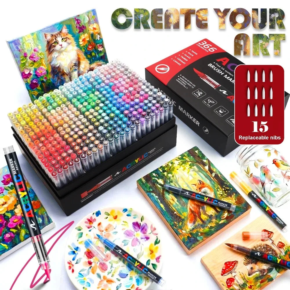 12/320/366 Colors Acrylic Markers Set Soft Brush Pen Systems for Drawing Anime Painting DIY Stone Glass Wood Gifts Art Supplies