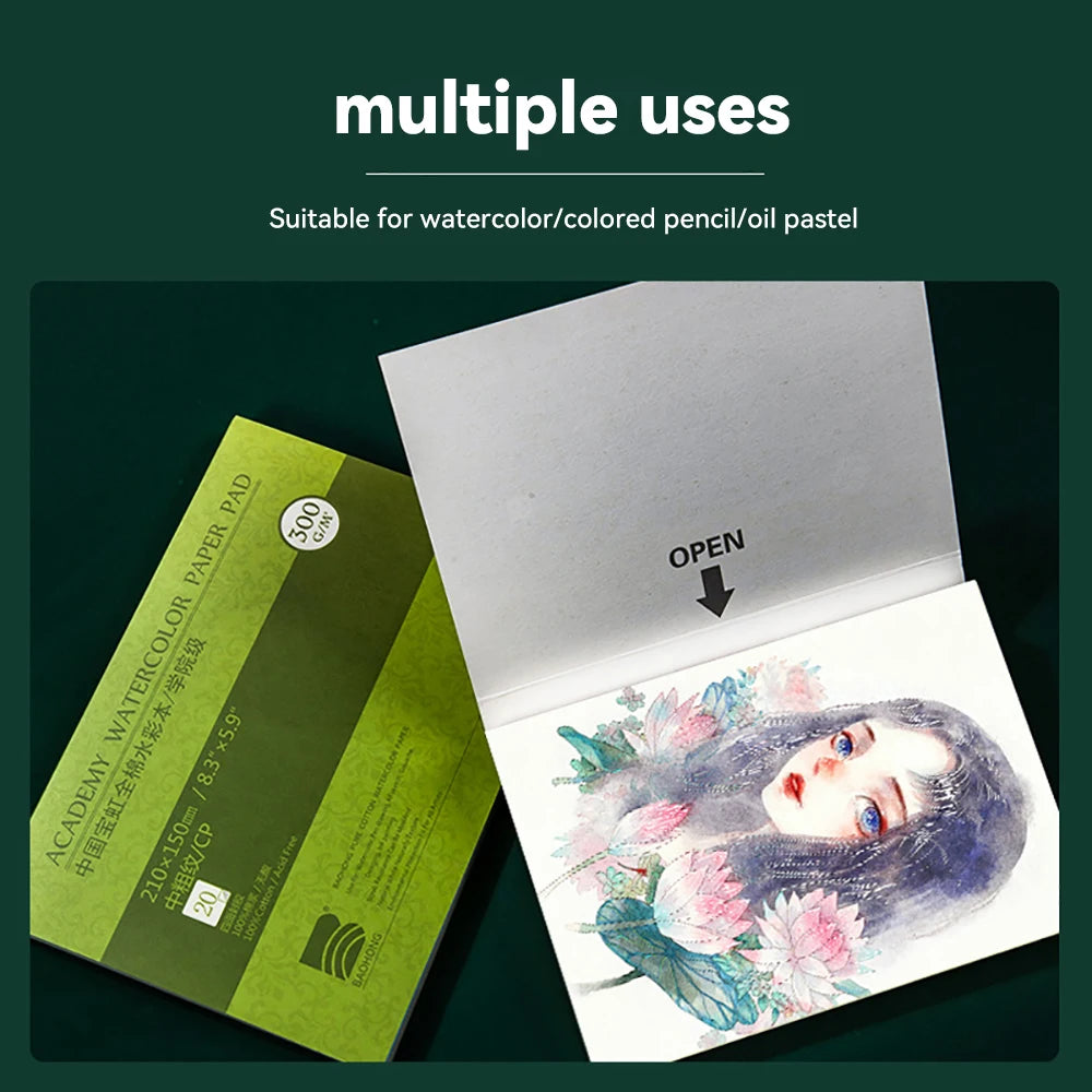 20 Sheets Baohong 200g/300g Watercolor Sketchbook 100% Cotton Watercolor Paper Sealing Pad 32K 16K 8K Water Color Drawing Book