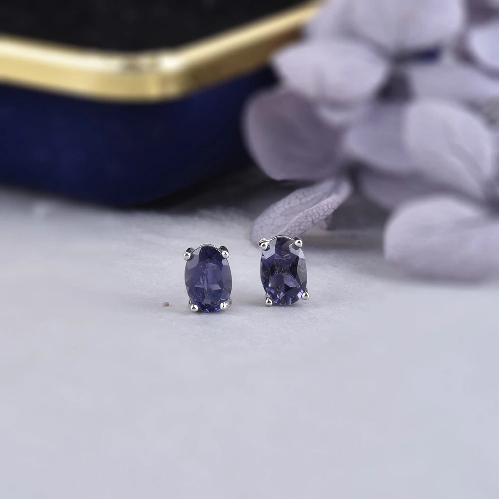 ITSMOS Iolite 6x4mm Natural Oval Shape Iolite Blue Gemstone White Gold Plated Stud Earrings Petite Studs Jewelry for Women