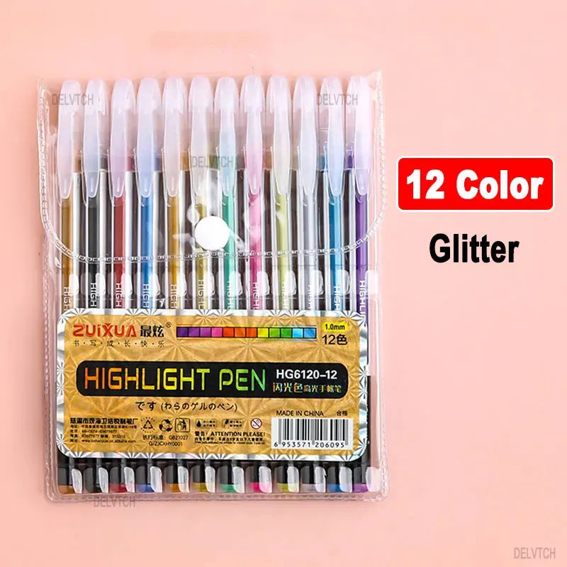 DELVTCH 12/24/36/48 Color Set Glitter Metallic Highlighter Gel Pen 1.0mm Tip For Art Marking Painting Drawing Kids Graffiti Gift
