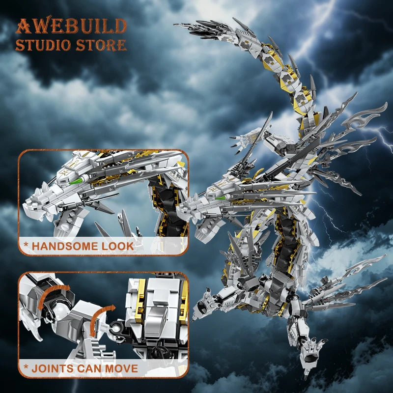 1485pcs White Mechanical Dragon Building Blocks Robotic Animal MOC Bricks STEM Toys Fantasy Creature Assembled Model Adult Gifts
