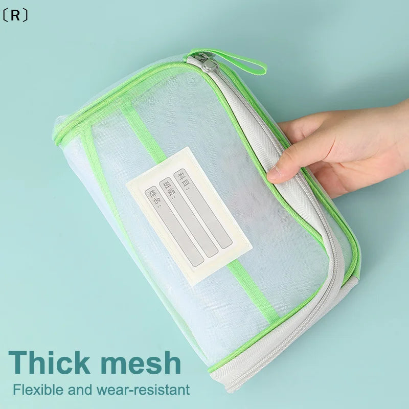 〔R〕A4 Stationery Storage Bag Double-layer Mesh Zipper Bag Large Capacity Organizer Folders School Office Supplies Stationary Bag