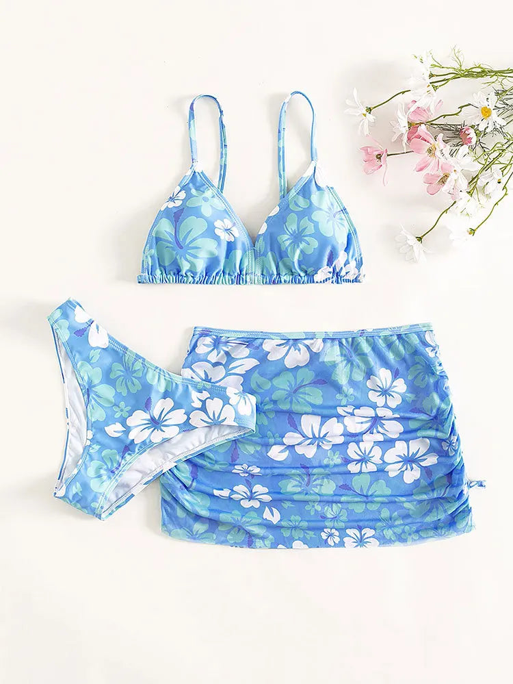 Childrens Sets New Europe American Children Clothing Cherry Blossoms Three Pieces Girl Simple 2024 Printing Loose Swimming
