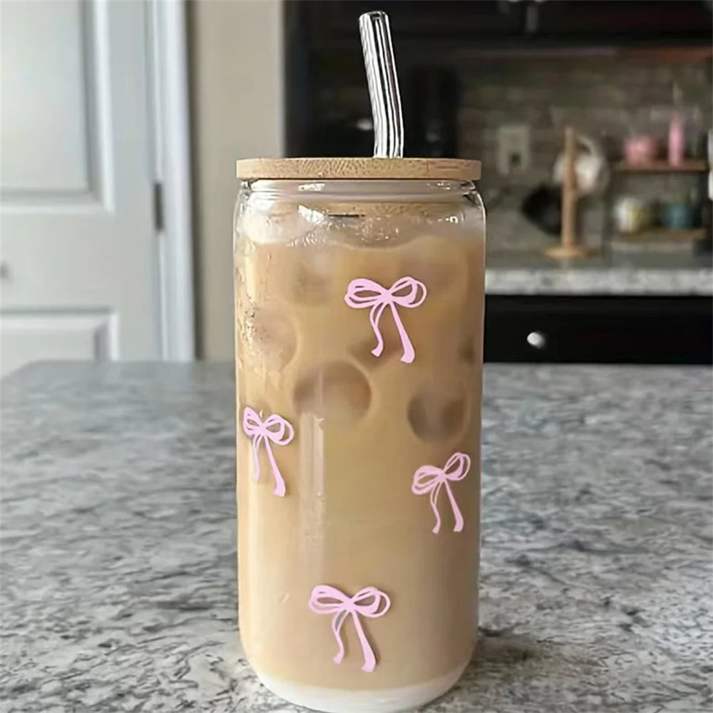 500ml Cute Bow Glass Cup Tumbler Mason Jar Shaped Water Bottle With Lids Straw Coffee Cups Party Gift for Iced Coffee Juice Cup