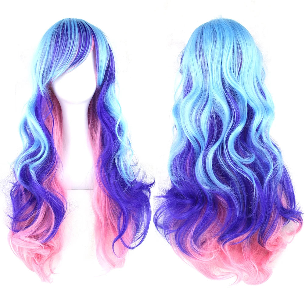 Soowee Synthetic Hair Ombre Rainbow Cosplay Wig with Bangs Red Yellow Purple Green Blue Wigs for Black Women