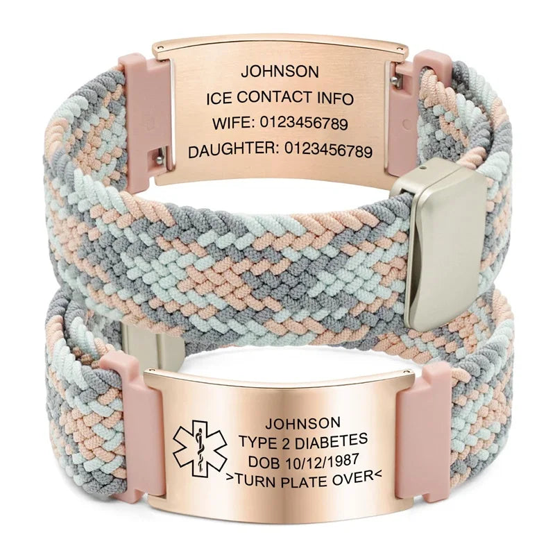 Personalized Medical Alert Bracelet Elastic Nylon Custom Engraved Tag Medical ID Bracelet Adjustable Keepsake Gift for Health