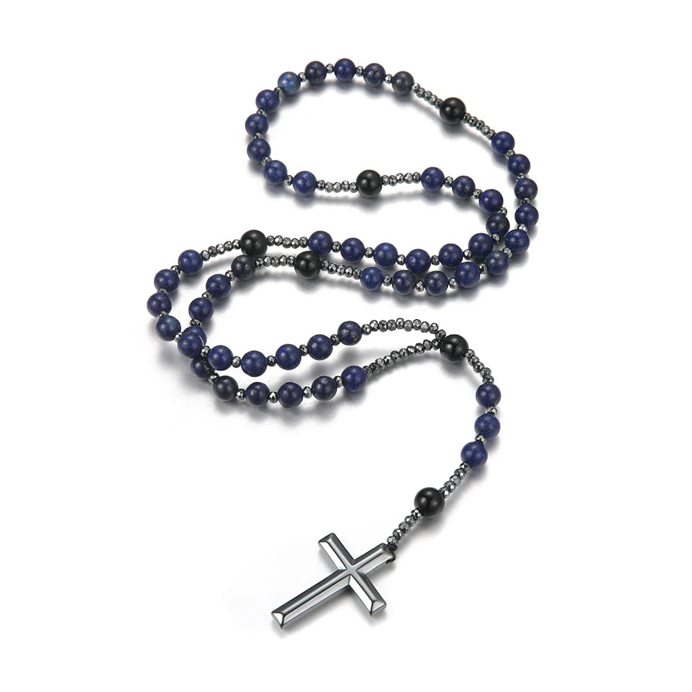 Natural Stone Blue Round Beads Gemstone Cross Pendant Necklace for Men and Women Rosary Prayer Jewelry