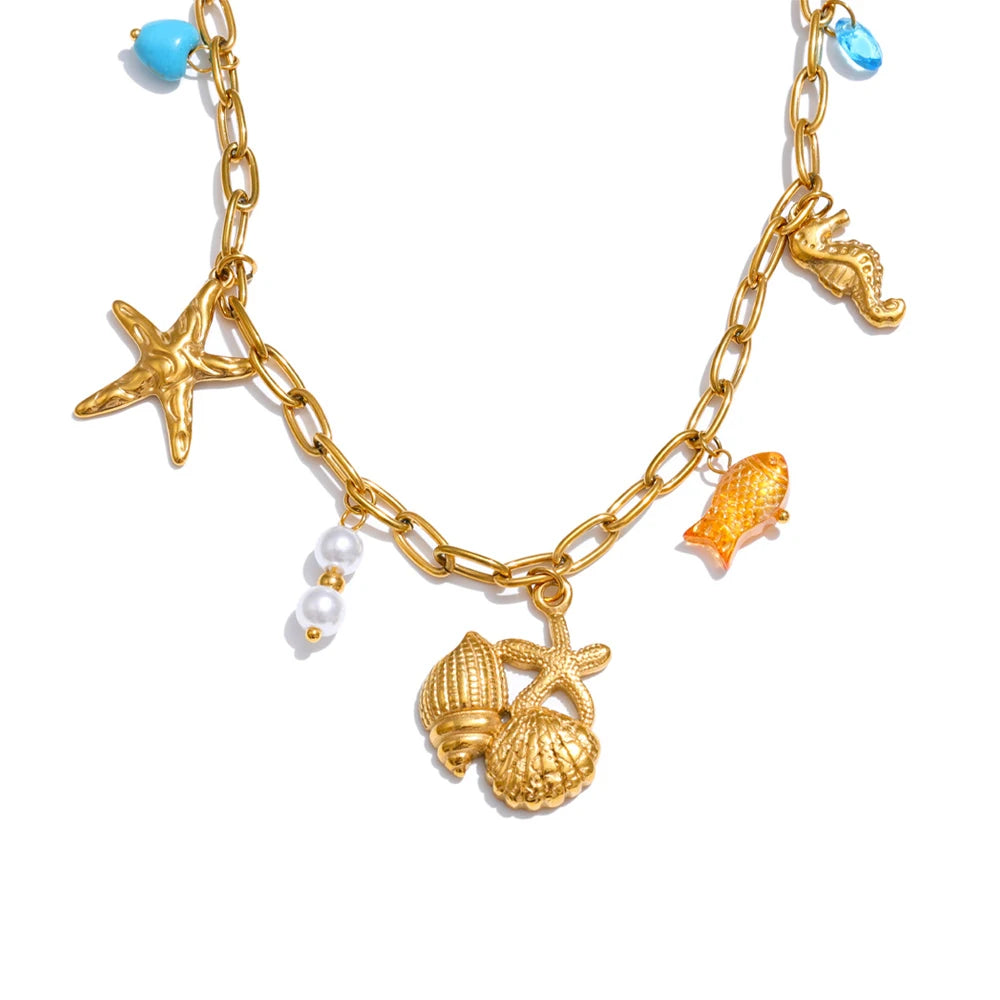 Yhpup Ocean Style Stainless Steel Pearl Shell Starfish Flower Chilli Drop Charm Necklace Golden Plated Handmade Holiday Jewelry