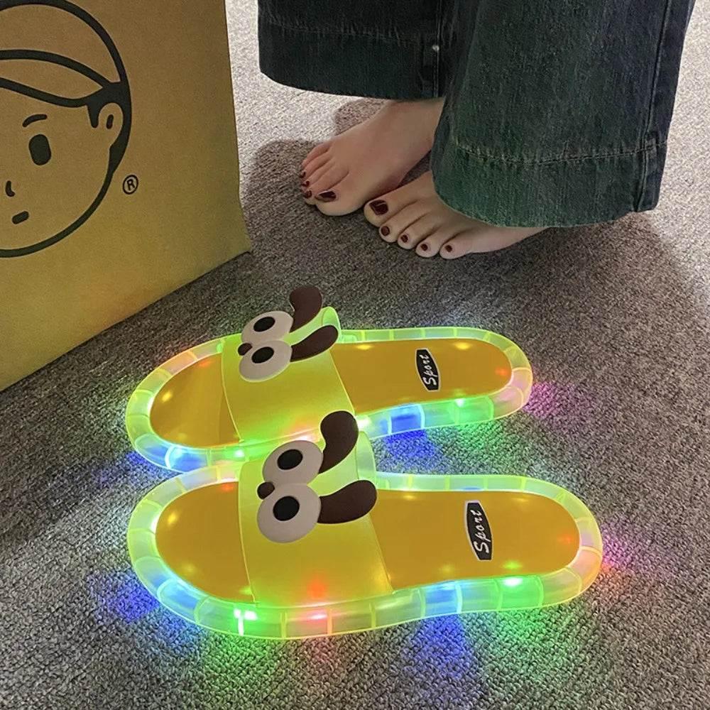 New PVC LED Light Up Slippers Non Slip Open Toe Light Up Sandals Cartoon Puppy Luminous Sandals Beach