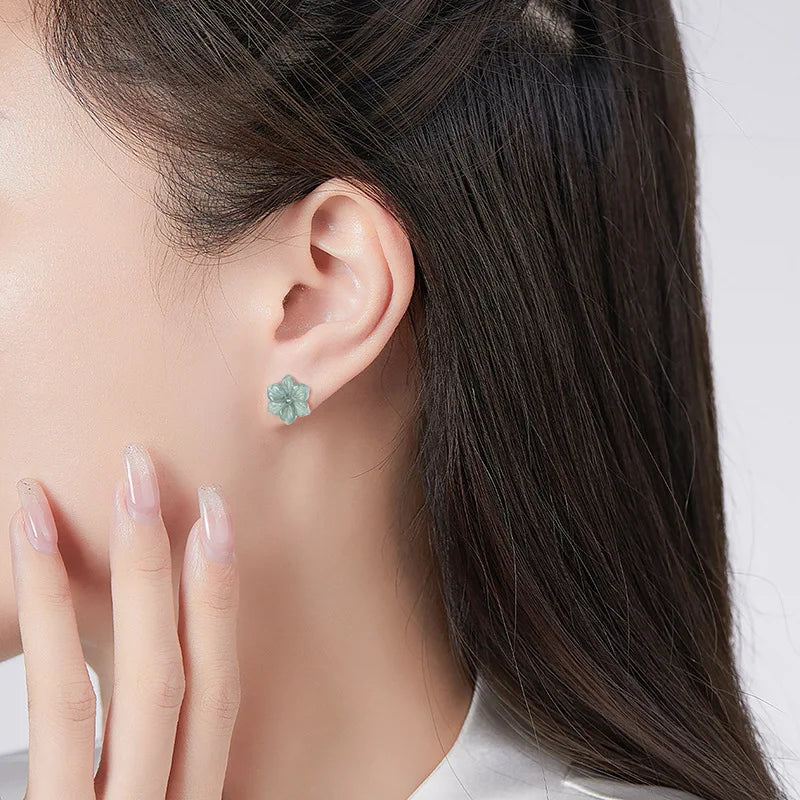 Natural A-grade Jade Blue Plum Blossom Earrings Ice Seed Jadeite Petals S925 Silver Inlaid Ancient Style Women's Gifts Jewelry