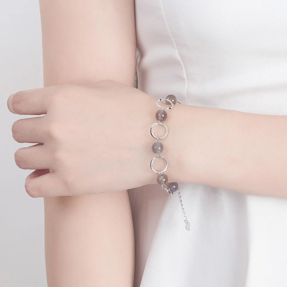 S925 Sterling Silver Bracelet Natural Gray Agate Crystal Bead Bracelet Engagement Party Jewelry Gift For Women