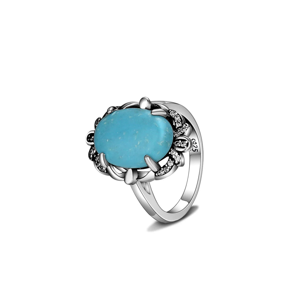 S925 Silver Oval Natural Turquoise Rings for Men Women Silver Fine Jewelry