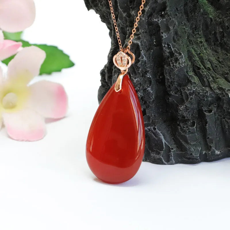 S925 Silver Inlaid Natural Red Agate Pendant,  Craftsmanship Timeless Accessory Water Drop for Man & Women Jewelry Party & Gift