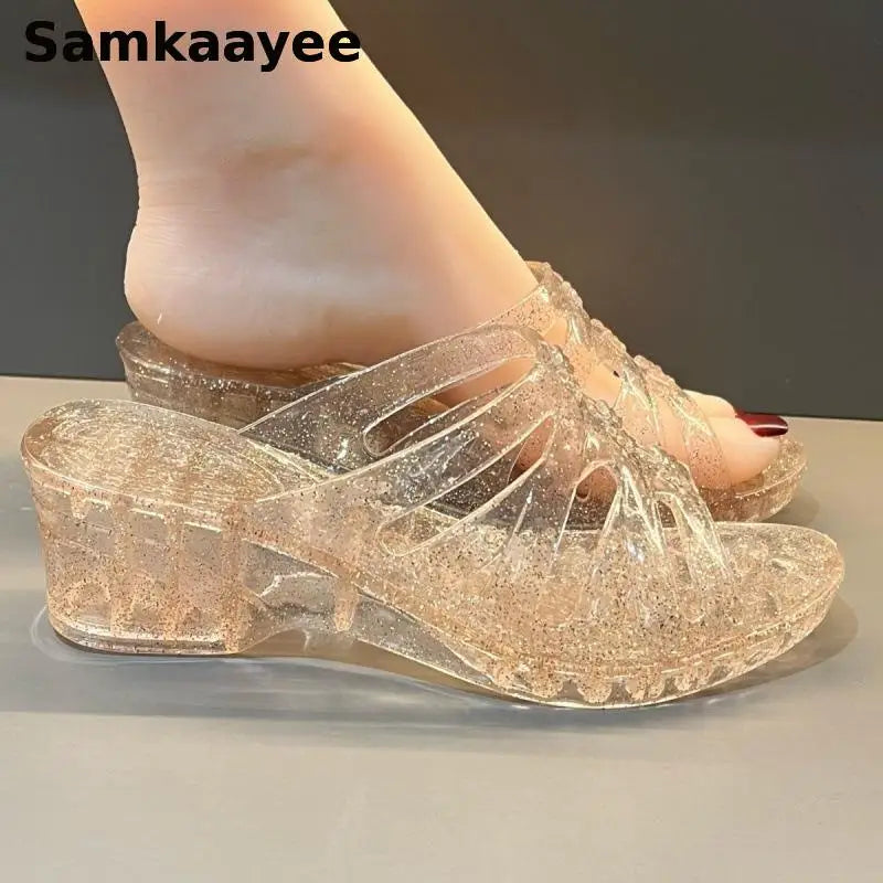 36-40 Women Slippers Summer Wedges Sandals Transparent Crystal Shoes Female Flip Flops Hollow Out Thick-soled Anti-slip Footwear
