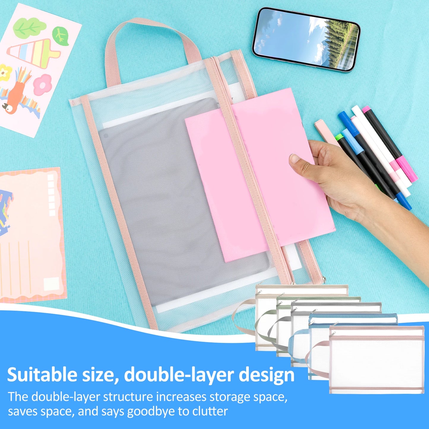10 Pcs Double Layer Mesh Zipper Folder File Pouch A4 Paper Stationery Storage Bag School Office Supplies Organizer