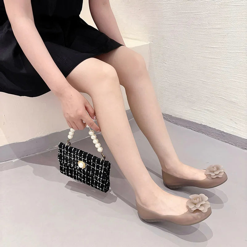 Soft Bottomed Women Jelly Flat Sandals Beach Comfort No Slip Summer Shoes Female Ballerina Round Toe Floral Design Footwears