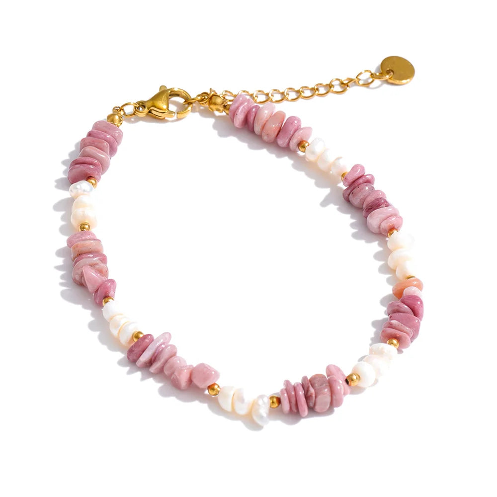 Yhpup Natural Stone Freshwater Pearl Beads Chain Handmade Bracelet Bangle Waterproof Stainless Steel Basic Wrist Summer Jewelry