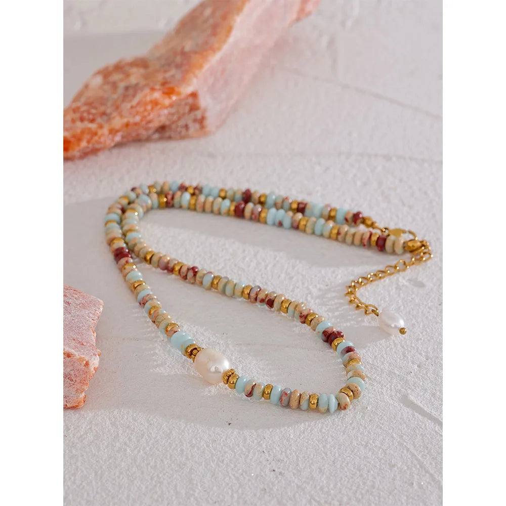 Yhpup Trendy Natural Stone Freshwater Pearl Collar Chain Necklace Stainless Steel Handmade Stylish Beads Jewelry Bijoux Gift