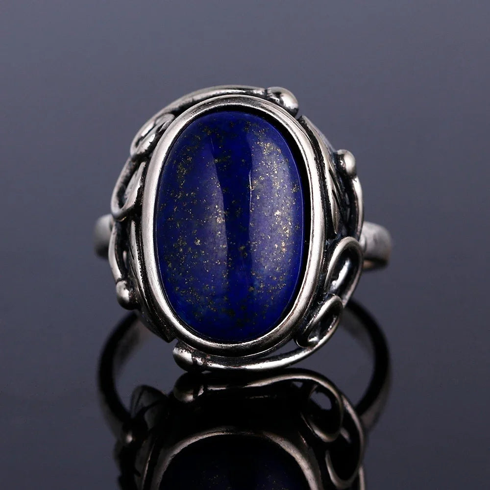 S925 Silver Ring Natural Lapis Lazuli White Chalcedony Moonstone Ring Large Stone 11x17MM Oval Jewelry for Women