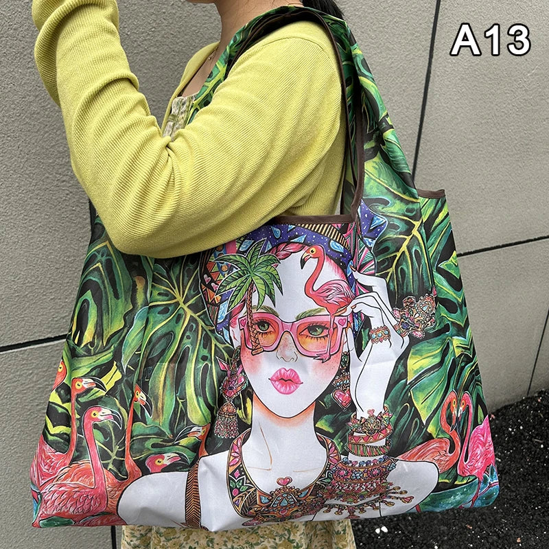 New Fashion Bag Foldable Shopping Bag Reusable Grocery Storage Bag Nylon Portable Shoulder Handbag Travel Tote Bag