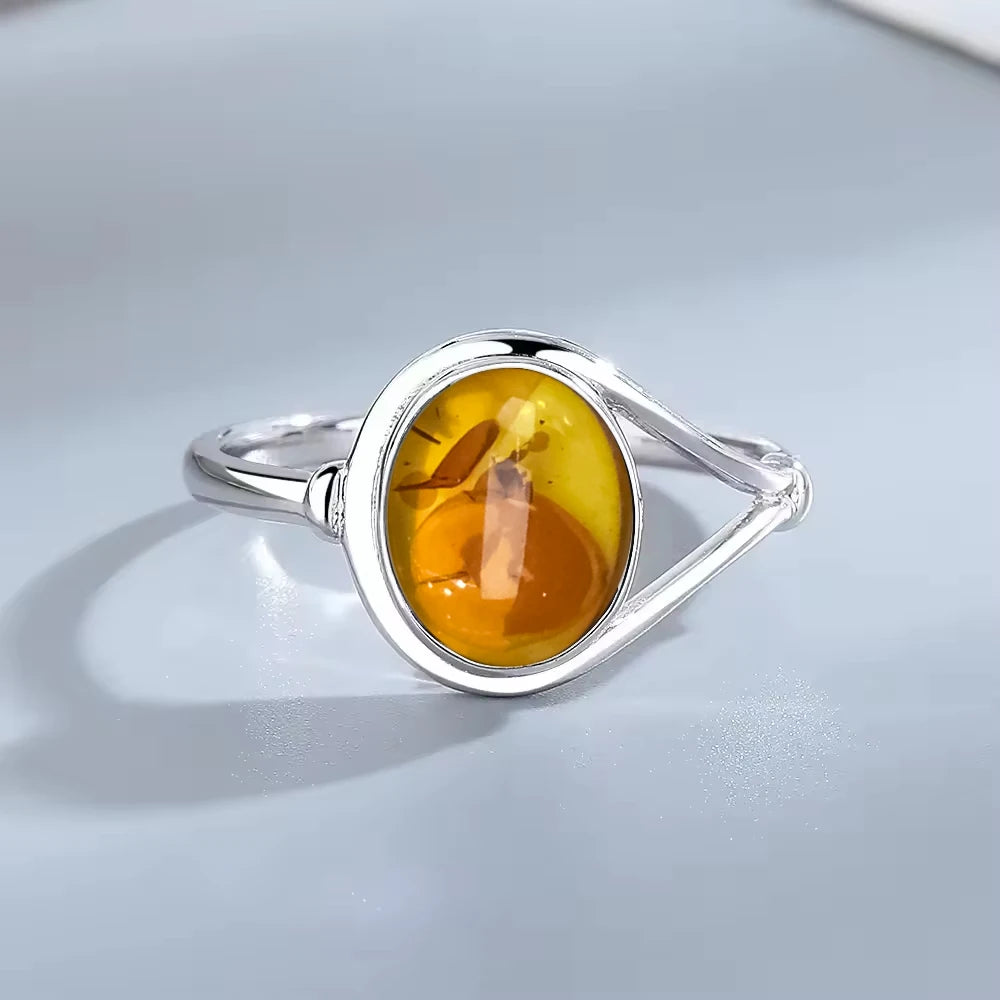 S925 Sterling Silver Ring With Natural Amber Stone Flower Shape Oval Petal Amber Stone Gifts Fine Jewelry For Women
