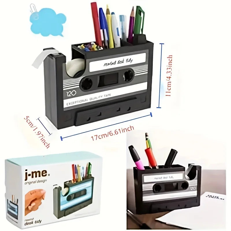 Creative Retro Tape Shaped Office Storage Box, Made of Black ABS Material, Desktop Storage Pen Holder, Tape Holder, Cutter