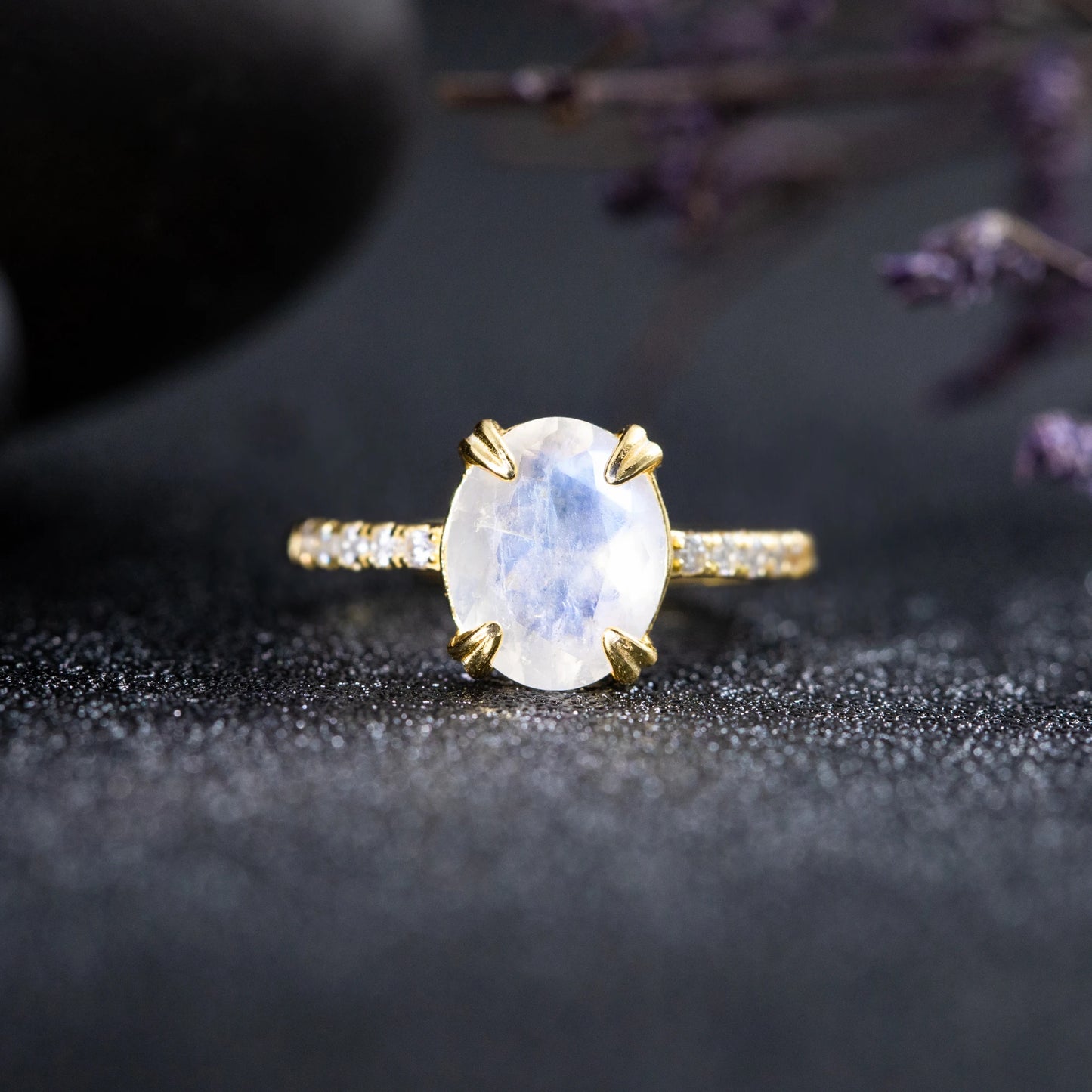 925 Sterling Silver Minimalist Oval Shaped Natural Moonstone Ring Blue Gemstone Engagement Jewelry for Women Half Eternity Band