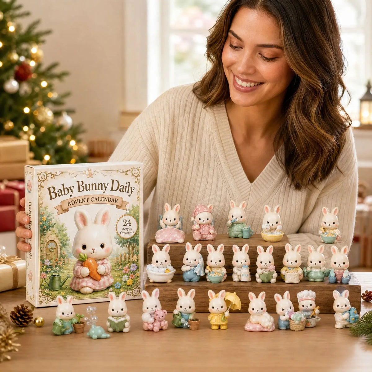 2026 Baby Bunny Advent Calendar 24 Pieces 2D Flat Acrylic Rabbit Hanging Ornaments Christmas Holiday Countdown Collectible