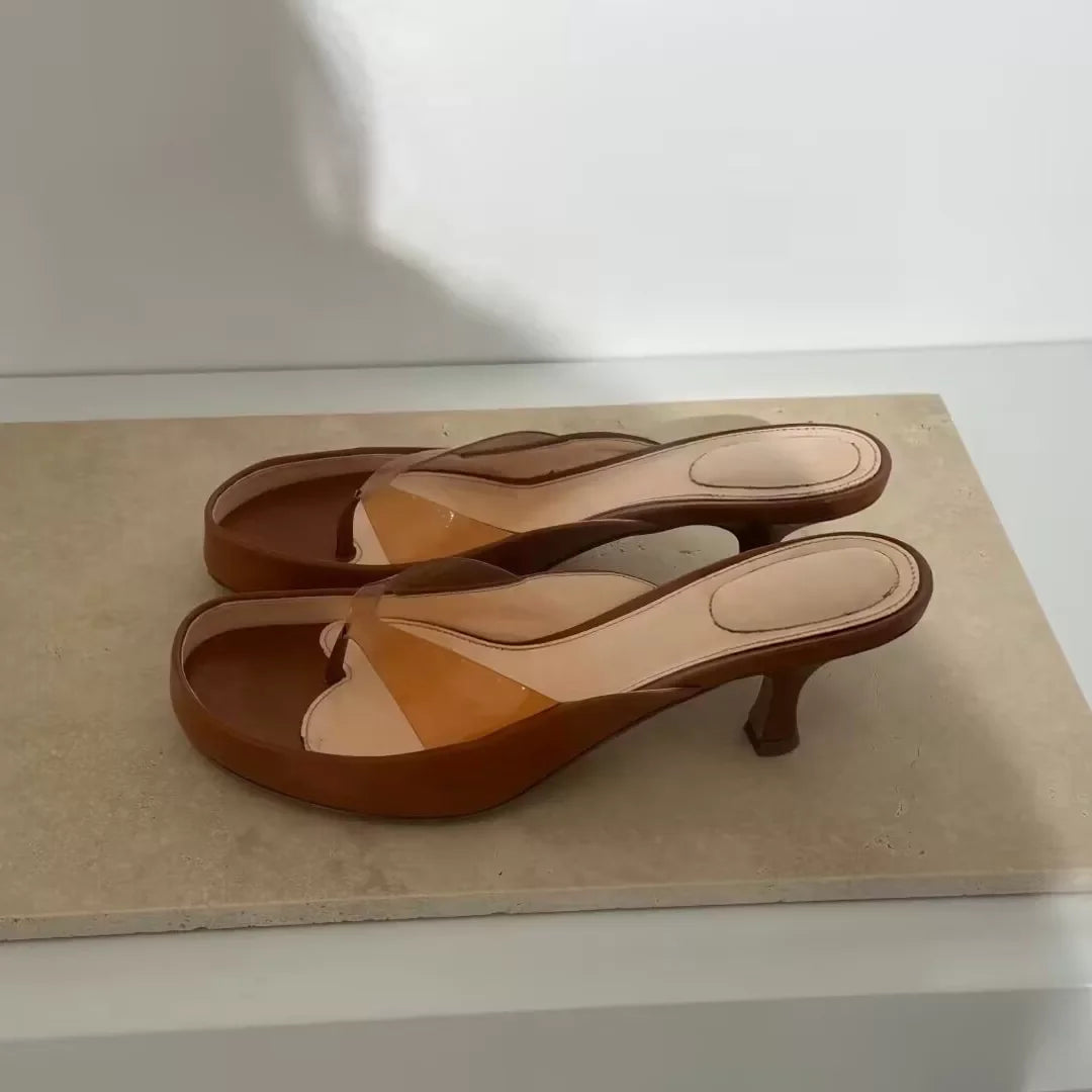Women's Contrast Heel Mule Sandals Glossy Satin Platform Thong Slides Clear PVC Kitten Heel Vacation Shoes Fish Mouth Flip Flops