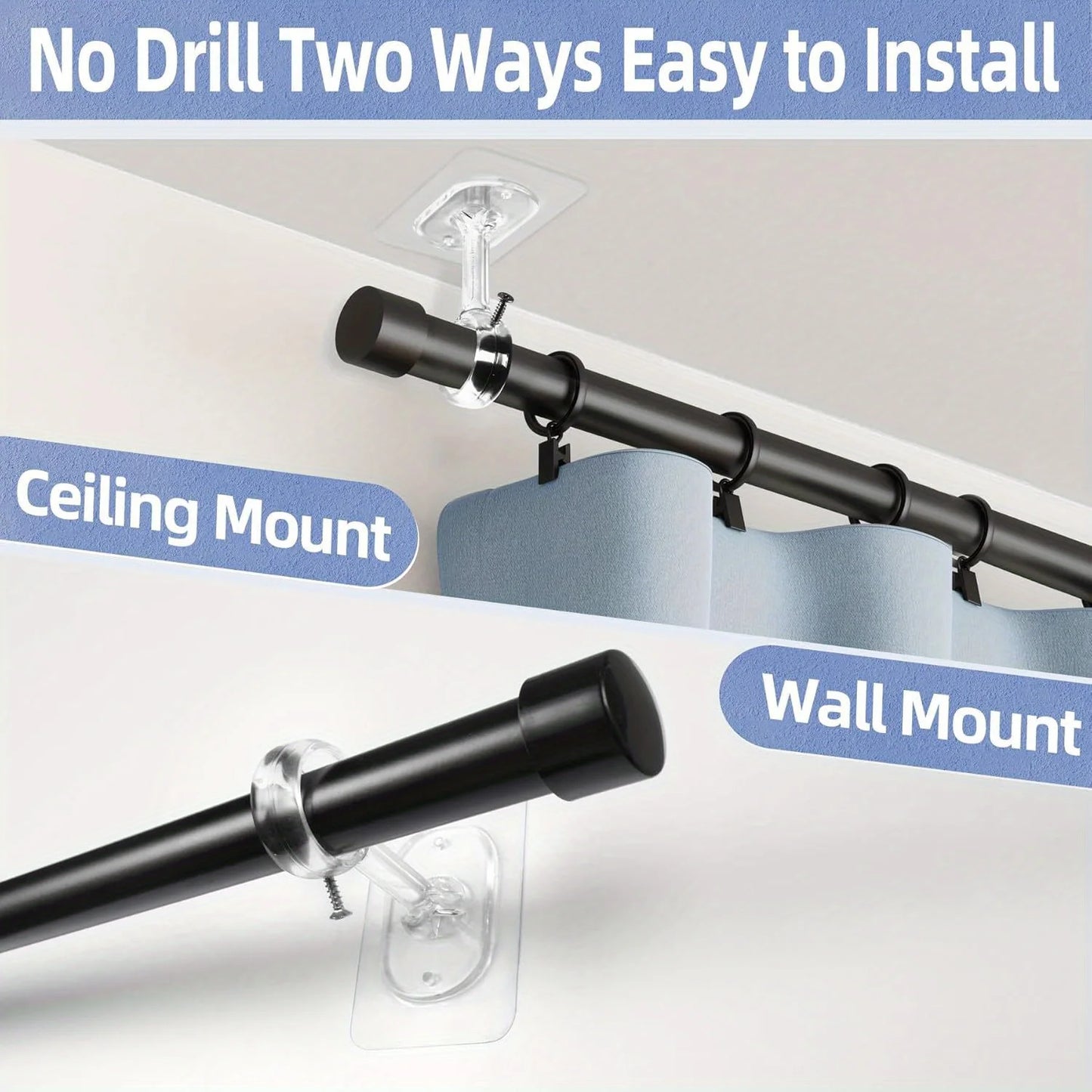 2pcs Heavy-Adhesive Ceiling Curtain Rod Brackets - No Drilling Installation, Adjustable Height, 1.2inch Diameter Rod Holders