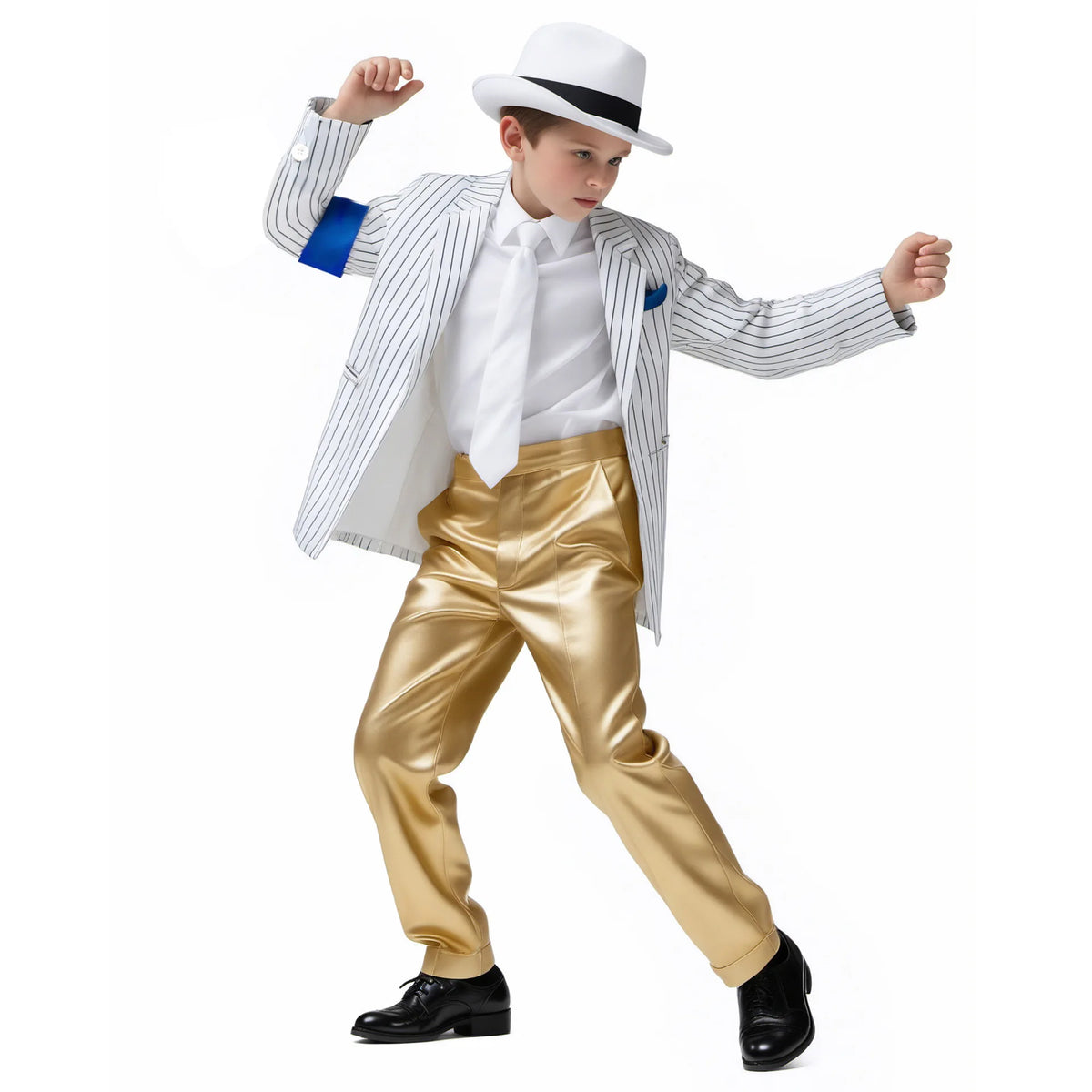 Kids Michael Jackson Cosplay Costume White Stripe Suit Gold Pants Full Set Hat Tie Armband  Pop Star Halloween Carnival Outfit