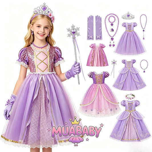 Muababy Rapunzel Tangled Princess Costume Dress Set for Girls Halloween Birthday Christmas Party Outfit Kids 2-10Y Vestido